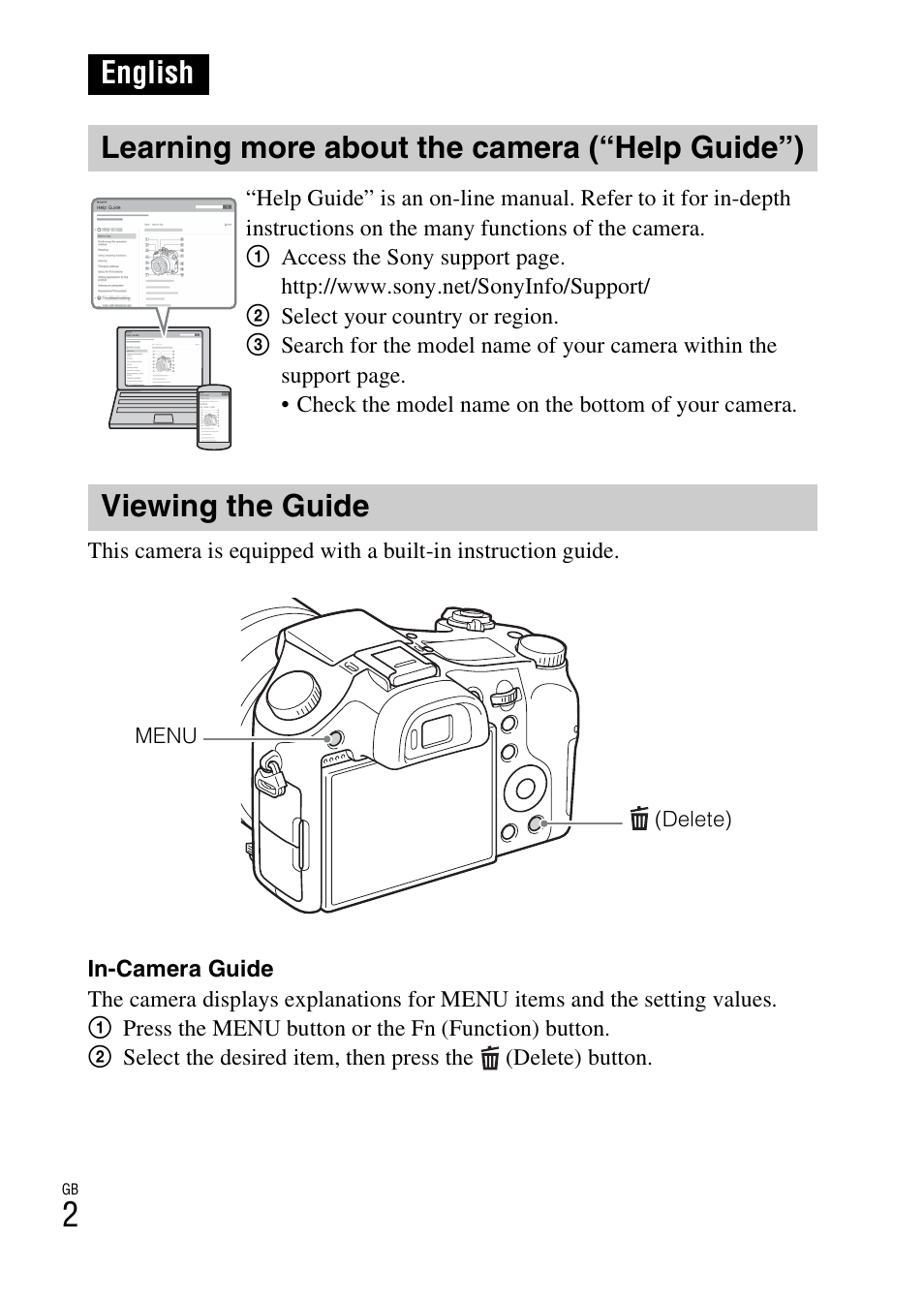 English, Learning more about the camera (“help guide”), Viewing the guide | Sony DSC-RX10 User Manual | Page 2 / 120