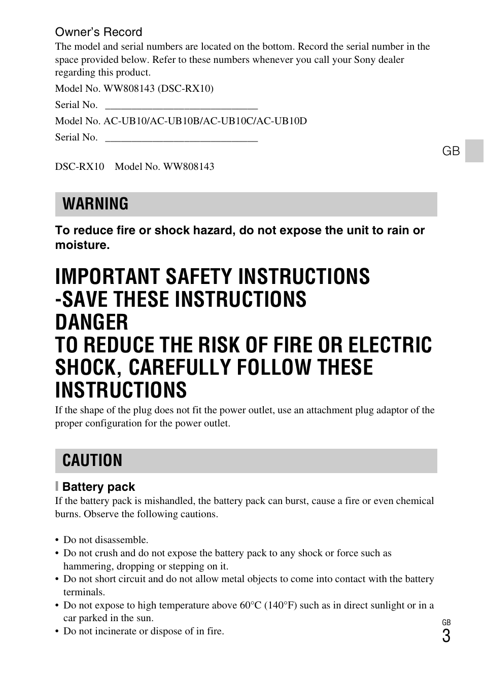 Warning caution | Sony DSC-RX10 User Manual | Page 3 / 120