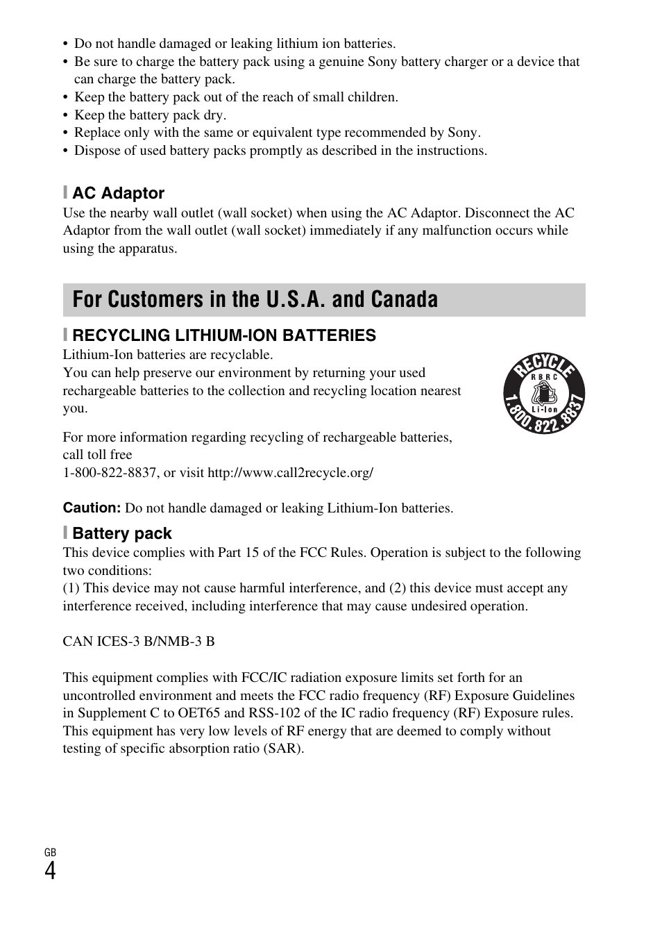 For customers in the u.s.a. and canada | Sony DSC-RX10 User Manual | Page 4 / 120
