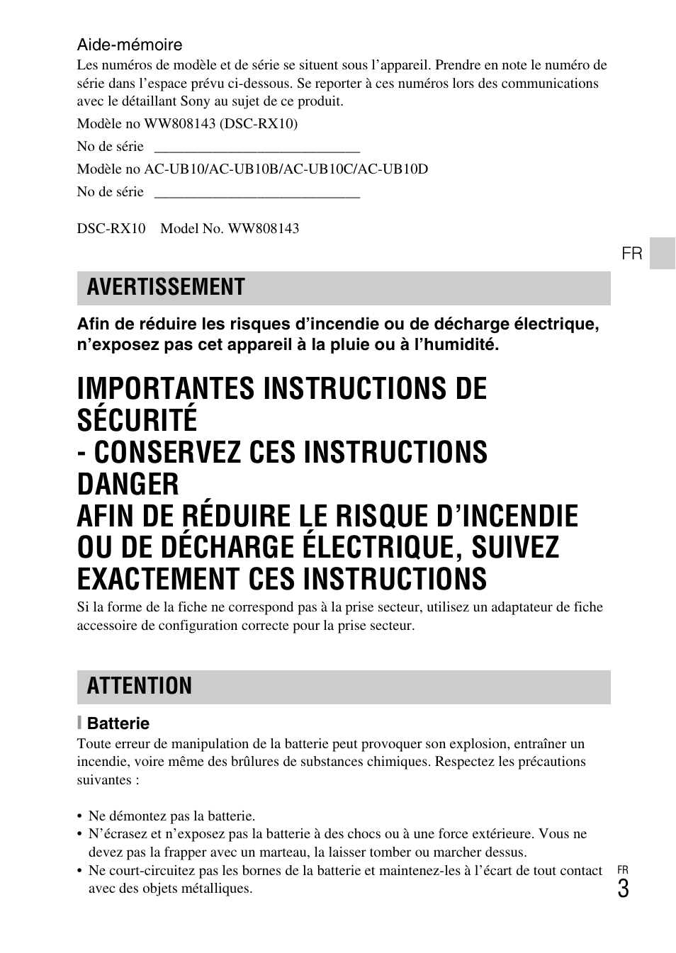 Avertissement attention | Sony DSC-RX10 User Manual | Page 41 / 120