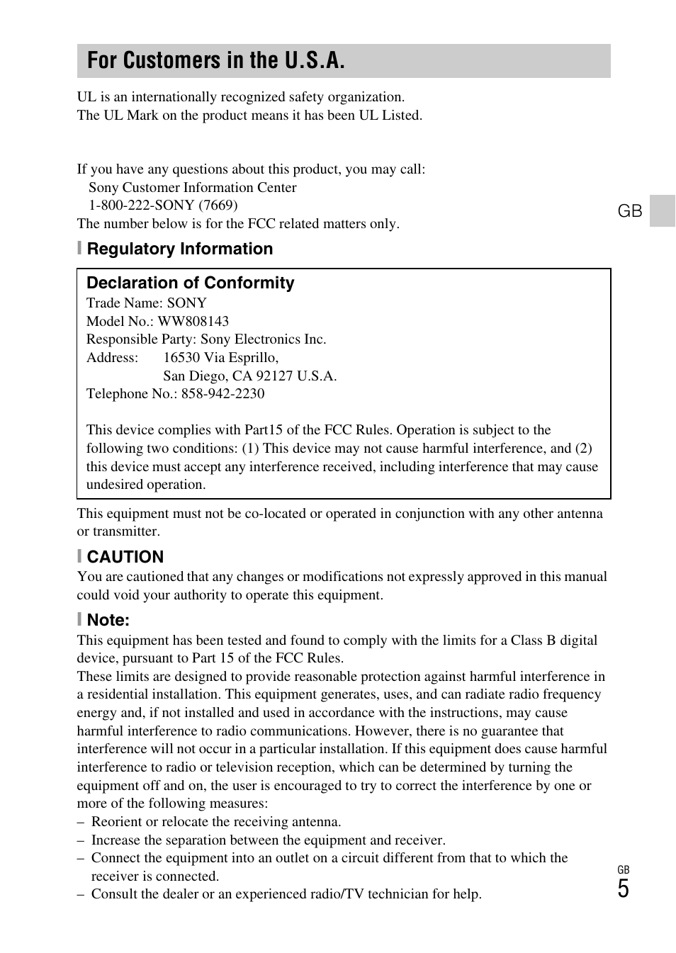 For customers in the u.s.a | Sony DSC-RX10 User Manual | Page 5 / 120