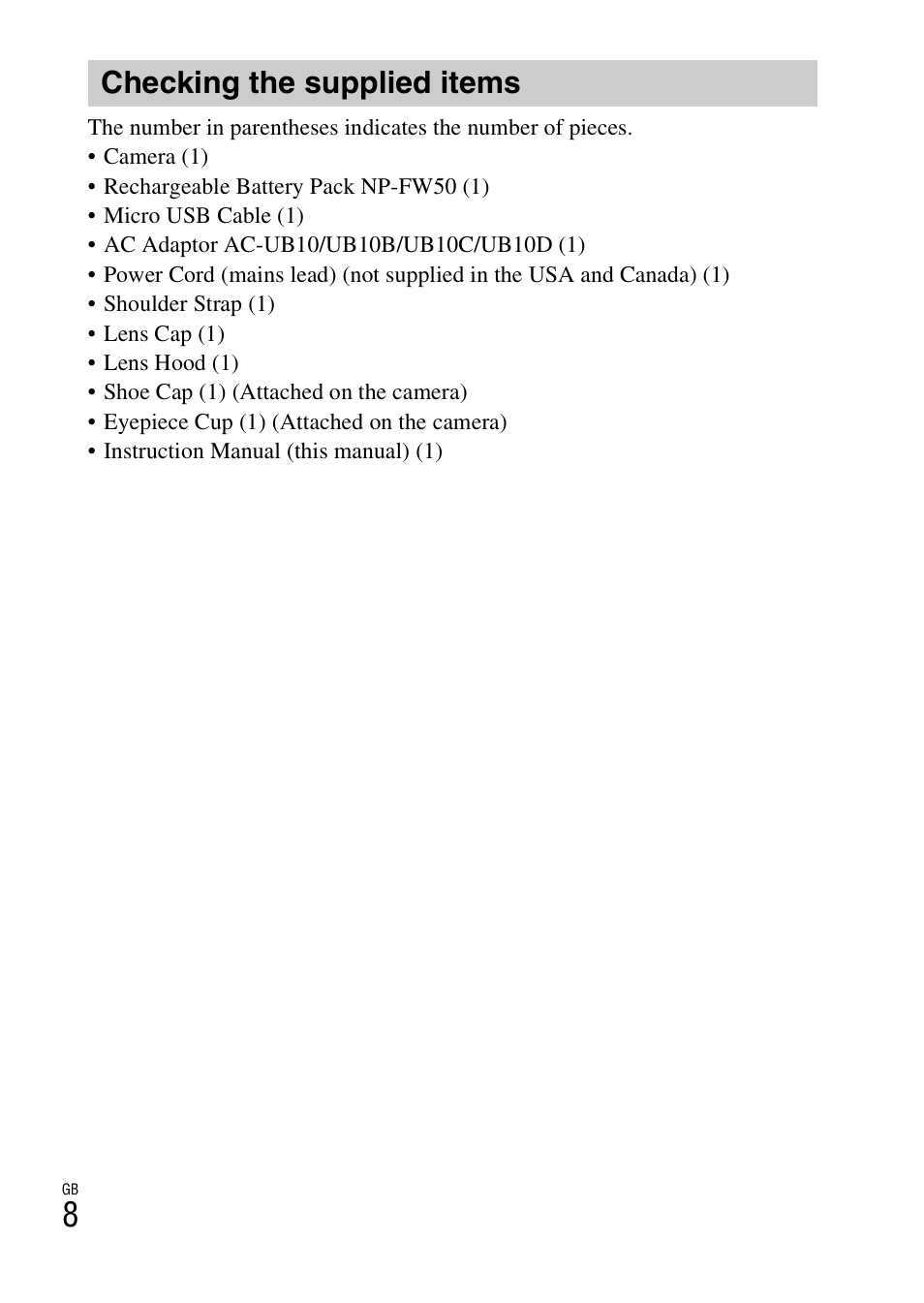 Checking the supplied items | Sony DSC-RX10 User Manual | Page 8 / 120