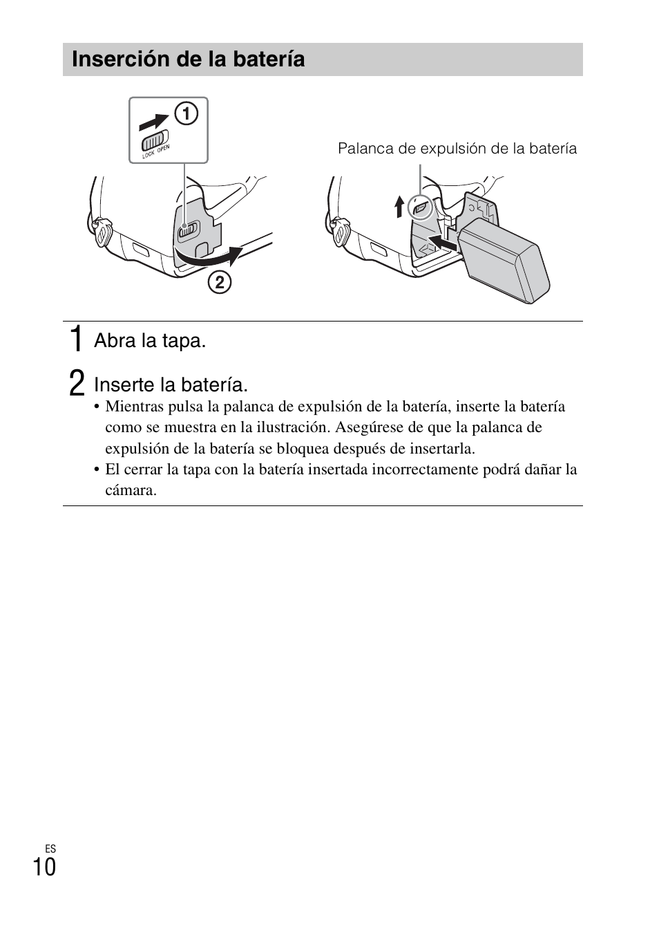 Inserción de la batería | Sony DSC-RX10 User Manual | Page 90 / 120