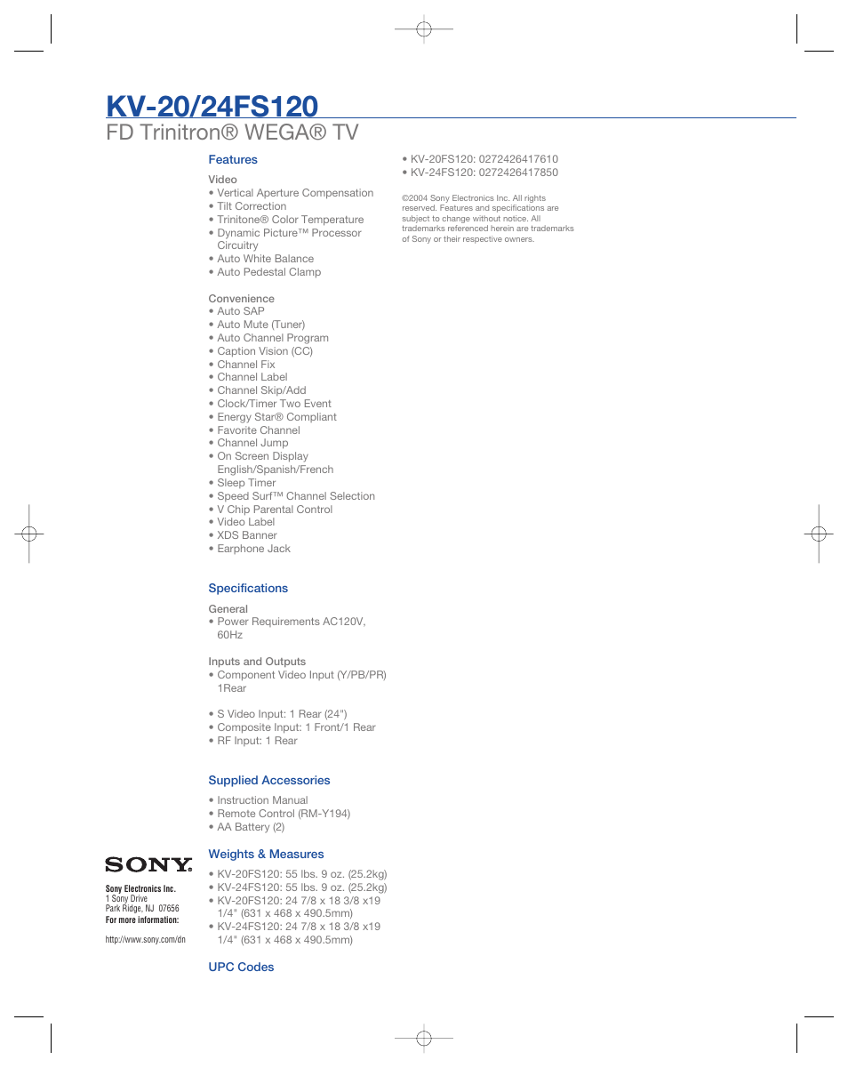 Fd trinitron® wega® tv | Sony WEGA KV-20FS120 User Manual | Page 2 / 2