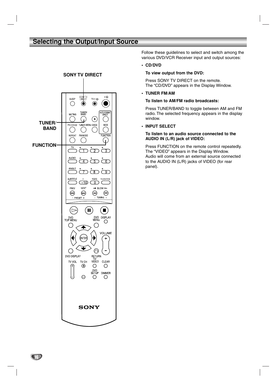 Selecting the output/input source | Sony DAV-SB100 User Manual | Page 16 / 157