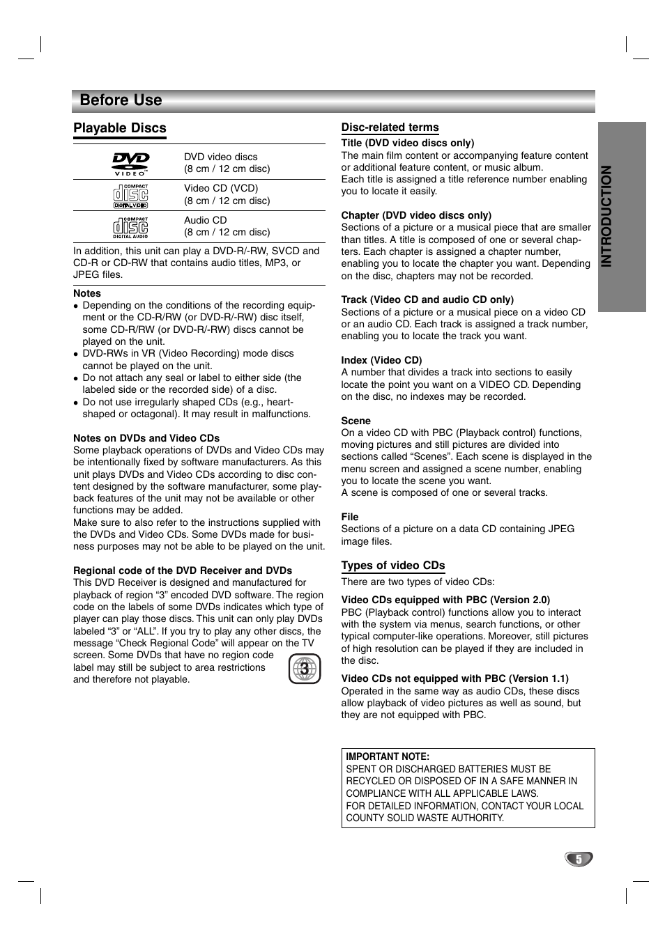Before use, Intr oduction, Playable discs | Sony DAV-SB100 User Manual | Page 5 / 157