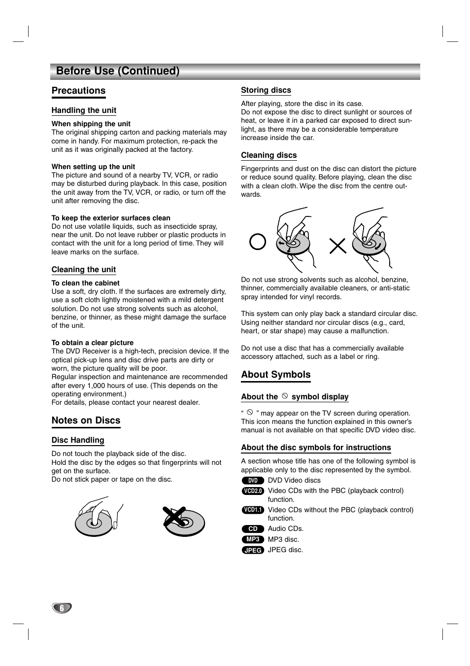 Before use (continued), Precautions, About symbols | Sony DAV-SB100 User Manual | Page 6 / 157