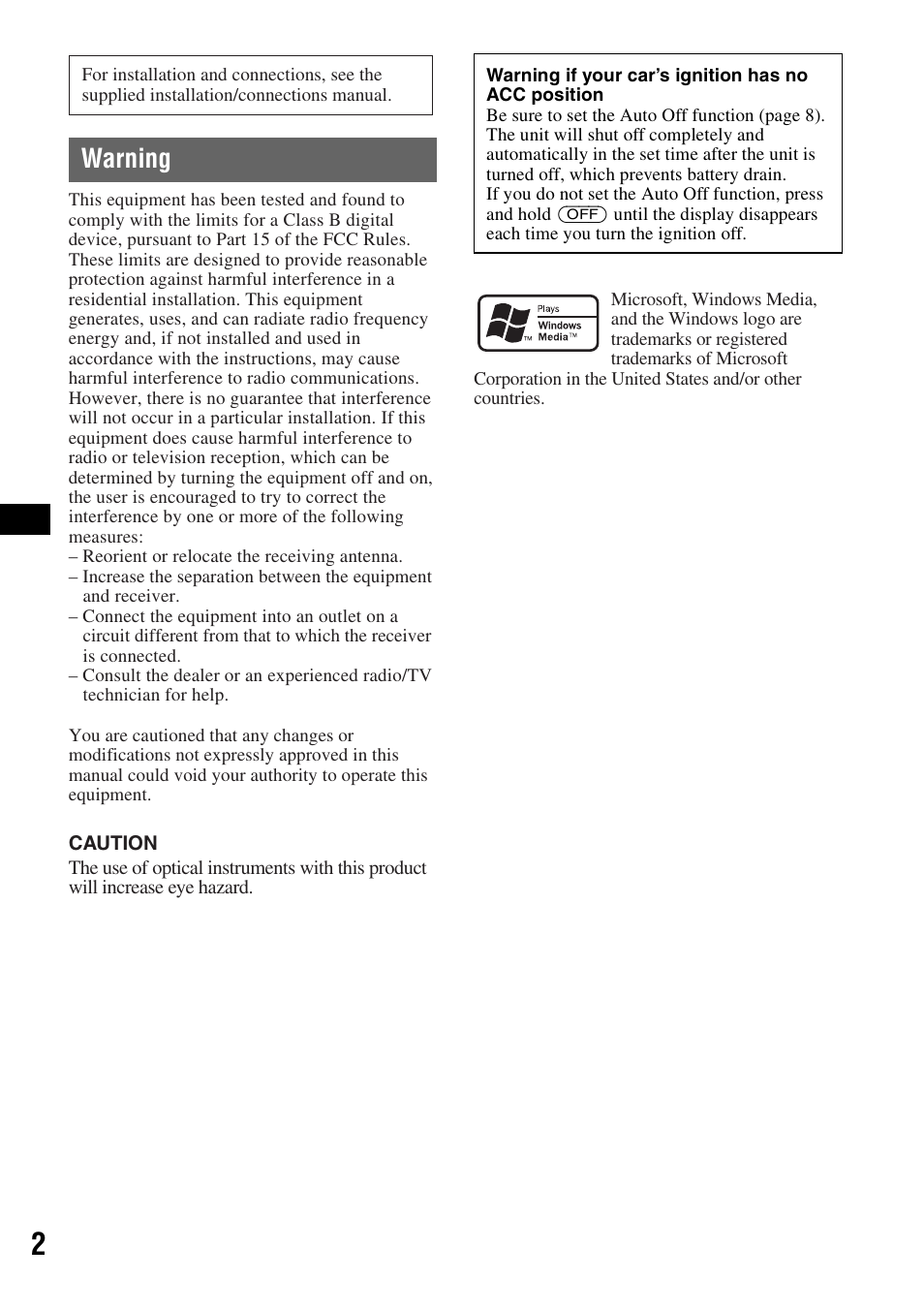 Warning | Sony CDX-GT21W User Manual | Page 2 / 32