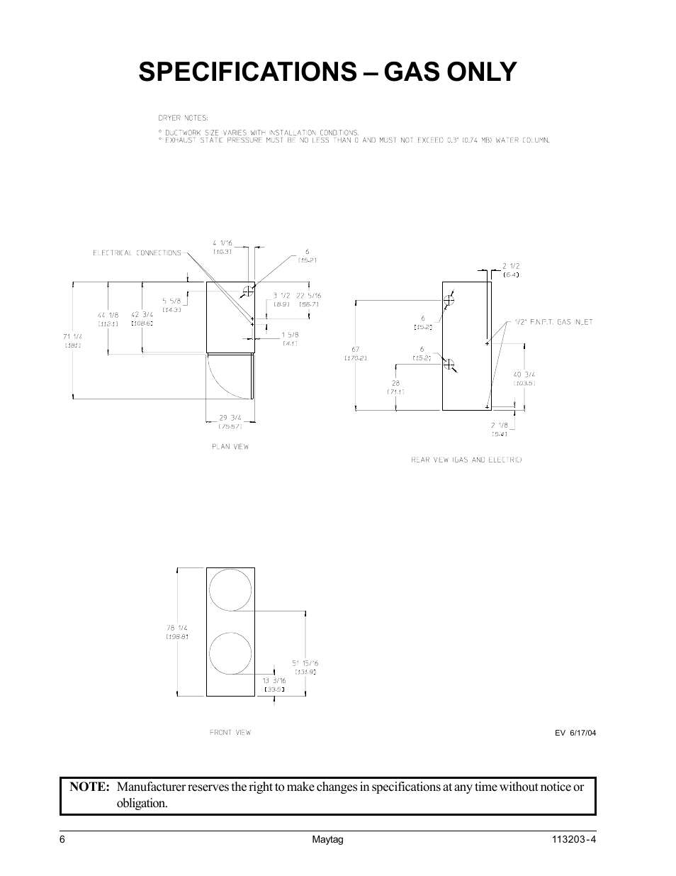 Specifications – gas only | American Dryer Corp. MLG31PCB User Manual | Page 10 / 44