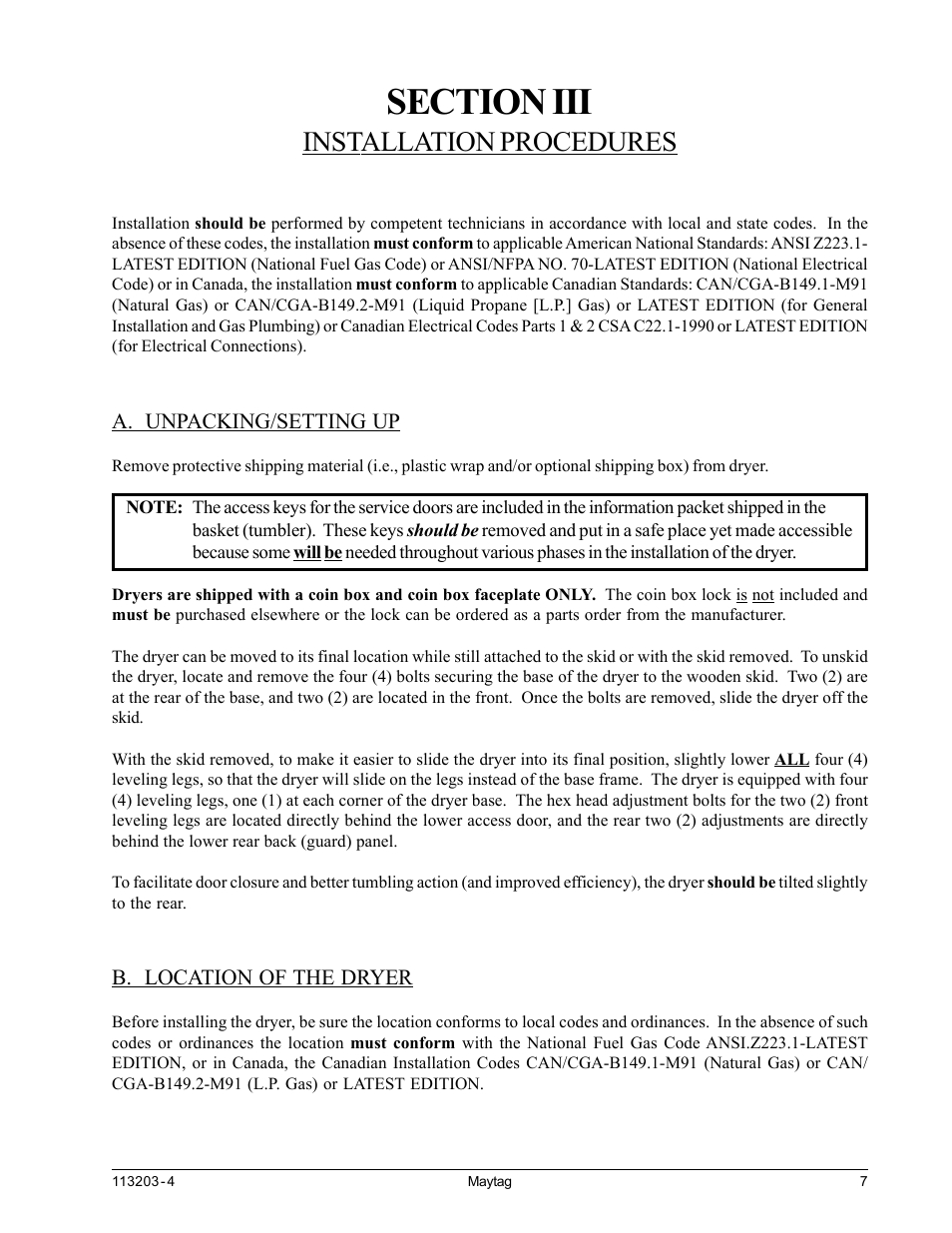 Installation procedures, Unpacking/setting up, Location of the dryer | Section iii installation procedures, A. unpacking/setting up b. location of the dryer | American Dryer Corp. MLG31PCB User Manual | Page 11 / 44