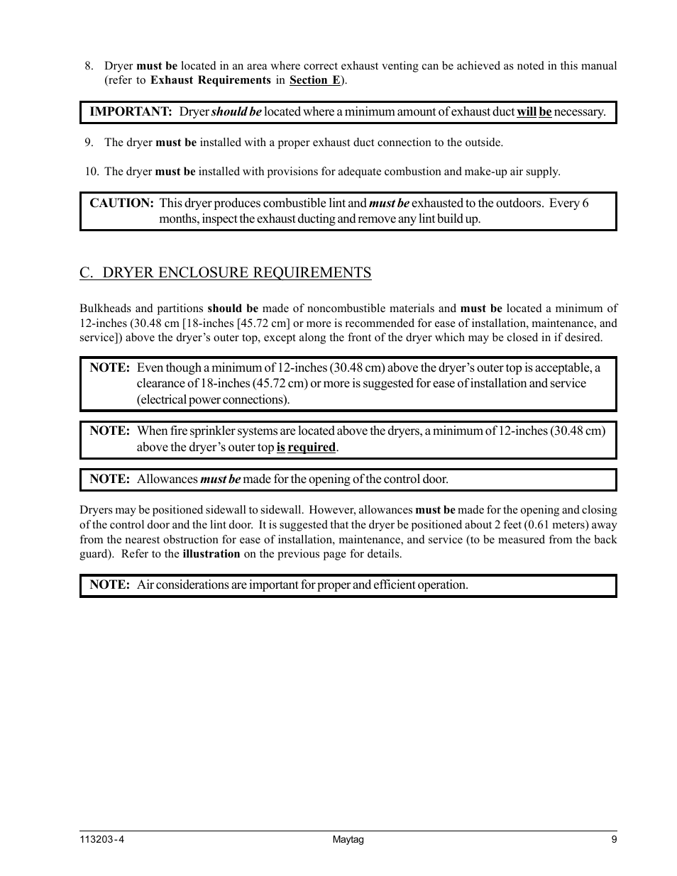 Dryer enclosure requirements, C. dryer enclosure requirements | American Dryer Corp. MLG31PCB User Manual | Page 13 / 44