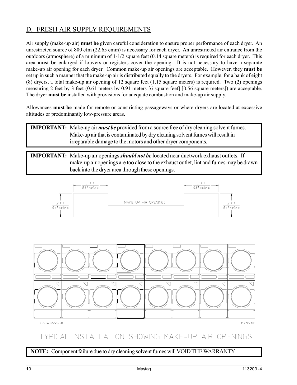 Fresh air supply requirements, D. fresh air supply requirements | American Dryer Corp. MLG31PCB User Manual | Page 14 / 44