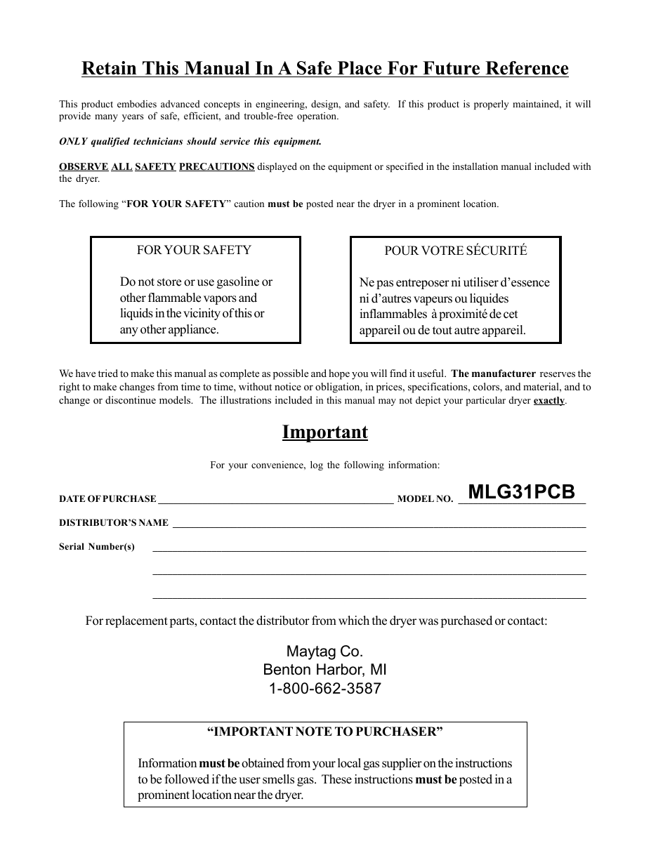 Important, Mlg31pcb | American Dryer Corp. MLG31PCB User Manual | Page 2 / 44