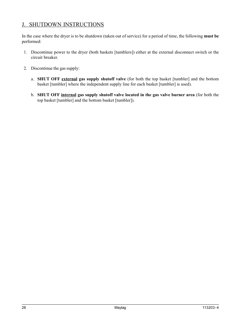 Shutdown instructions, J. shutdown instructions | American Dryer Corp. MLG31PCB User Manual | Page 32 / 44