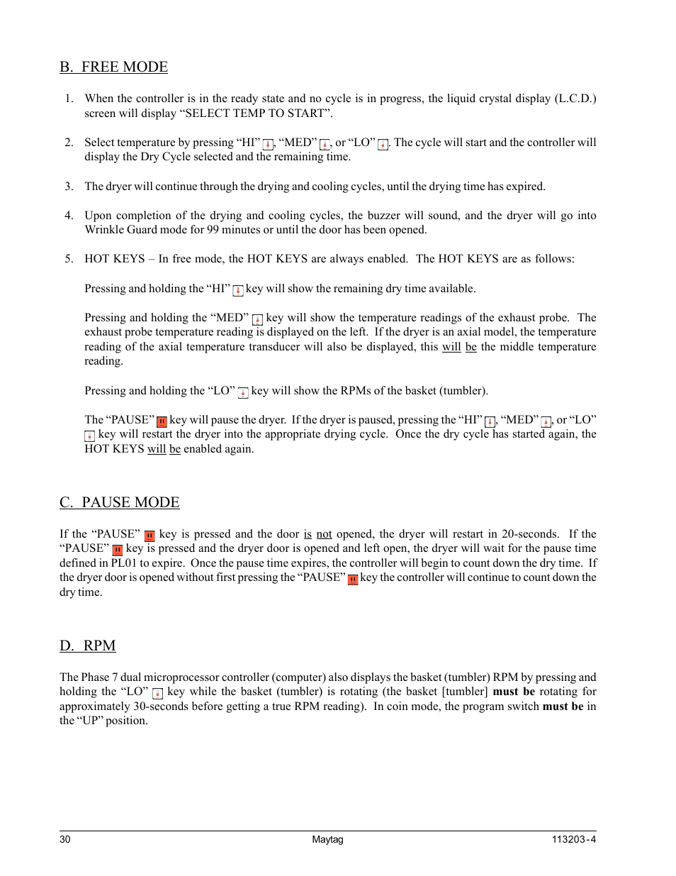 Free mode, Pause mode, B. free mode c. pause mode d. rpm | B. free mode, C. pause mode, D. rpm | American Dryer Corp. MLG31PCB User Manual | Page 34 / 44