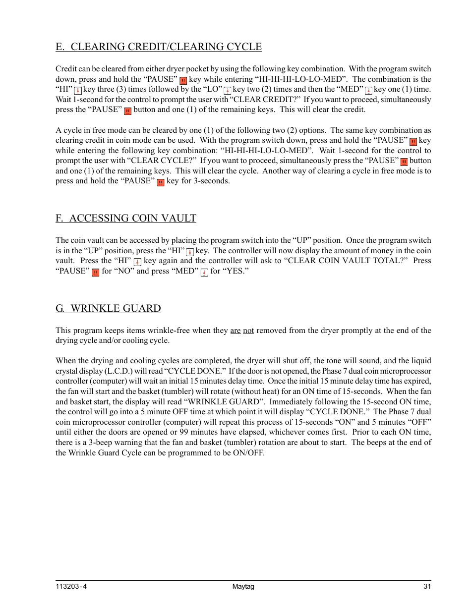 Clearing credit/clearing cycle, Accessing coin vault, Wrinkle guard | E. clearing credit/clearing cycle, F. accessing coin vault, G. wrinkle guard | American Dryer Corp. MLG31PCB User Manual | Page 35 / 44