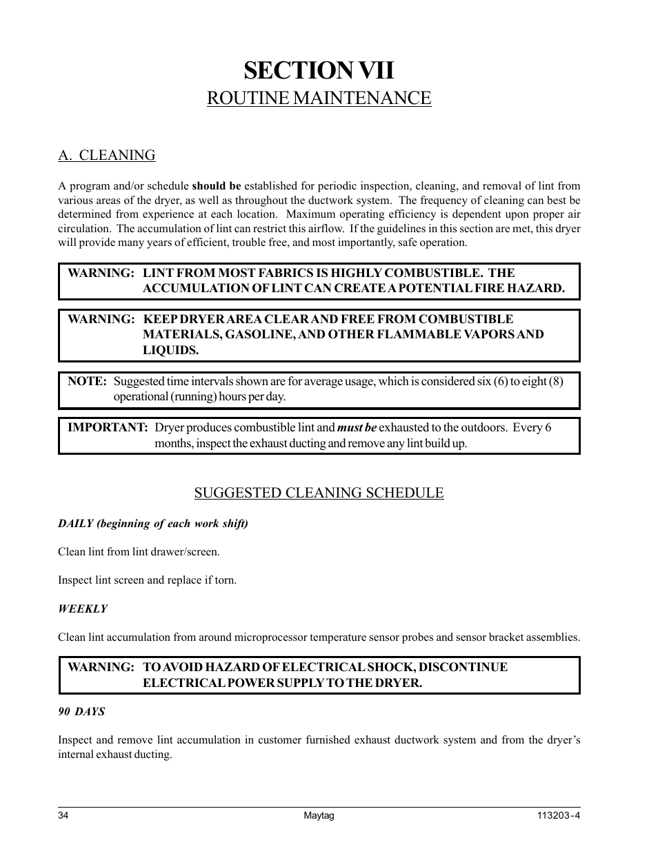 Routine maintenance, Cleaning, Section vii routine maintenance | A. cleaning | American Dryer Corp. MLG31PCB User Manual | Page 38 / 44