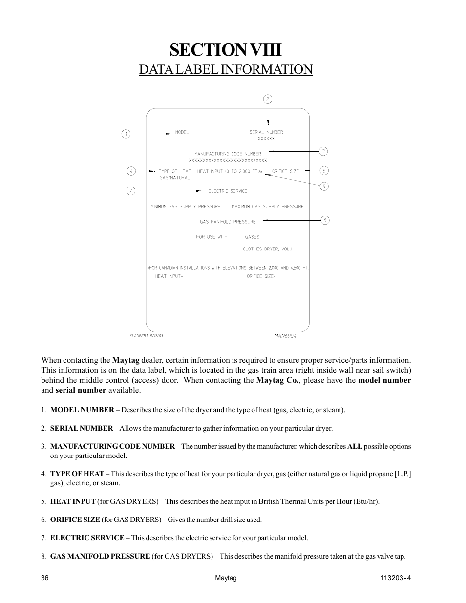 Data label information, Section viii data label information | American Dryer Corp. MLG31PCB User Manual | Page 40 / 44