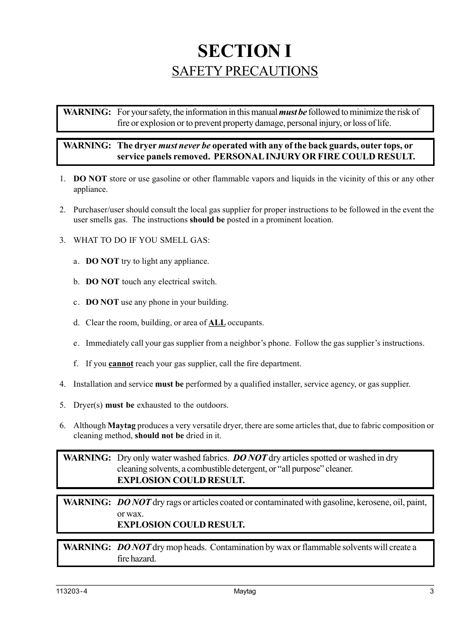 Safety precautions, Section i safety precautions | American Dryer Corp. MLG31PCB User Manual | Page 7 / 44