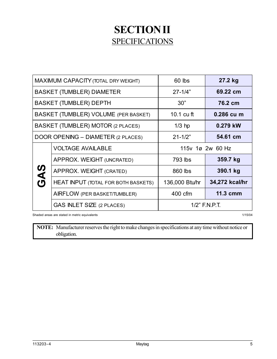 Specifications, Section ii specifications | American Dryer Corp. MLG31PCB User Manual | Page 9 / 44