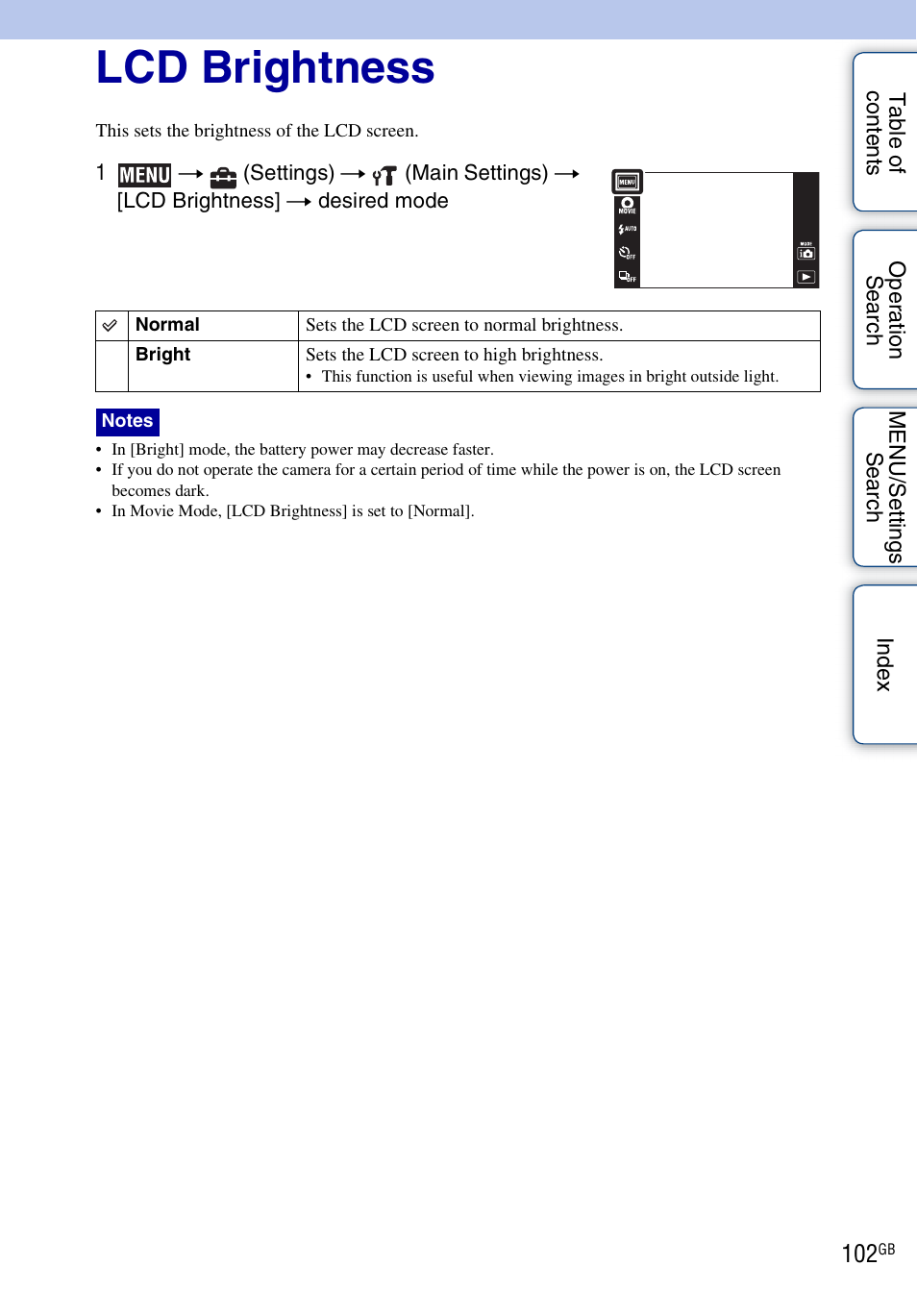 Lcd brightness | Sony DSC-TX7 User Manual | Page 102 / 168