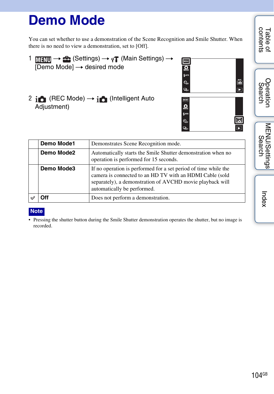 Demo mode | Sony DSC-TX7 User Manual | Page 104 / 168