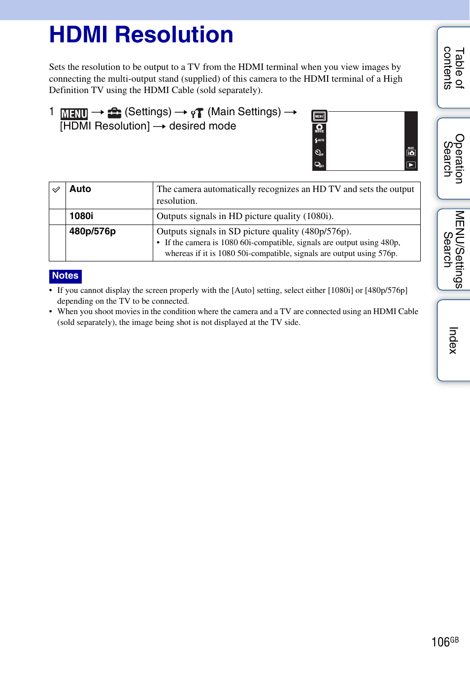 Hdmi resolution | Sony DSC-TX7 User Manual | Page 106 / 168