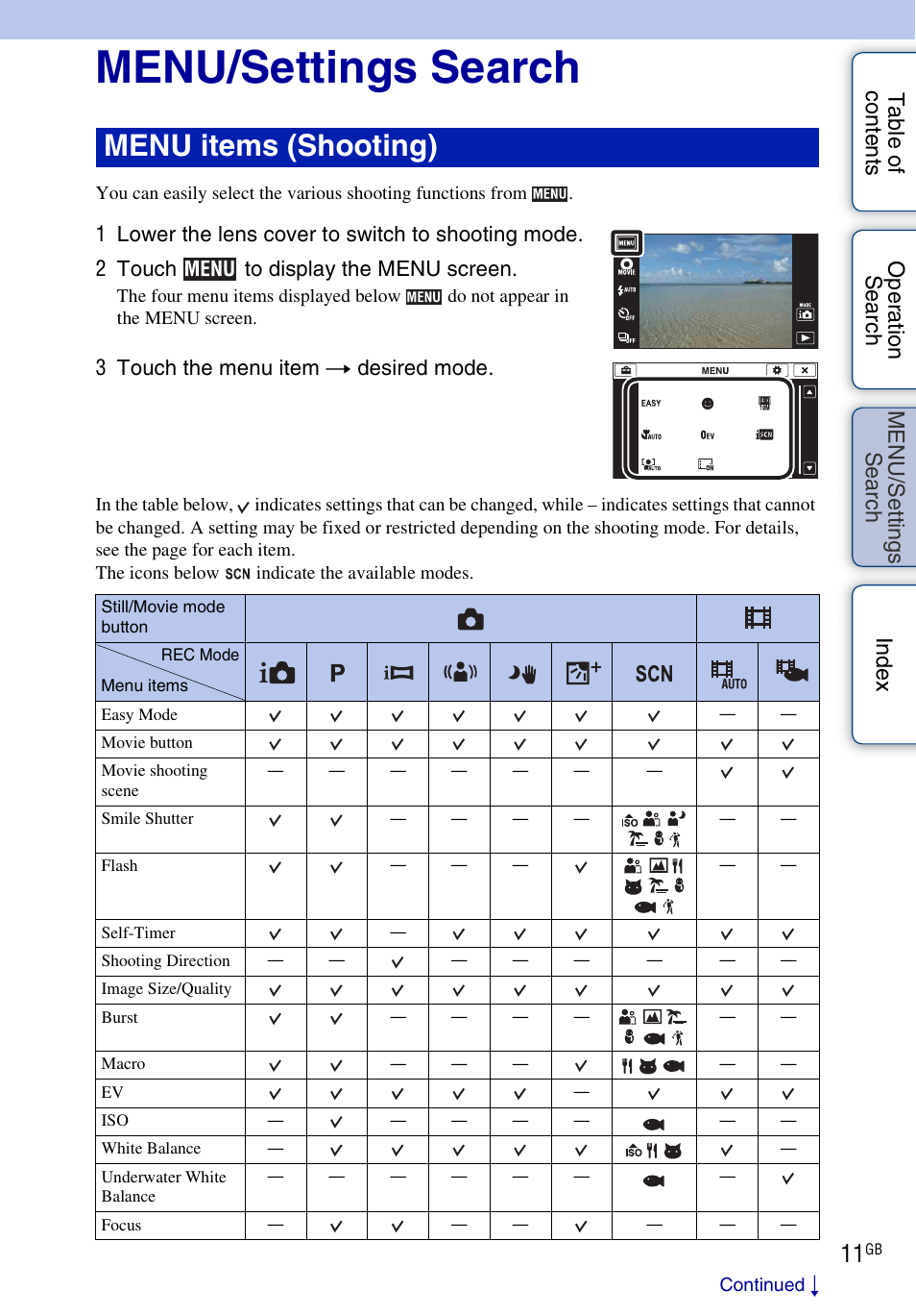 Menu/settings search, Se ar, Ttin | Menu items (shooting), 3 touch the menu item t desired mode | Sony DSC-TX7 User Manual | Page 11 / 168