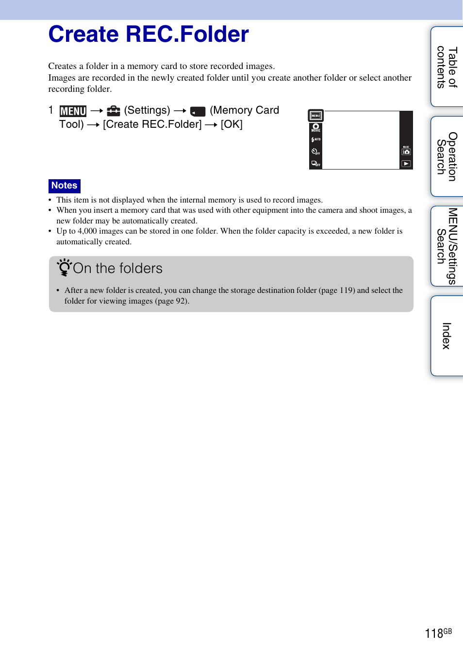 Create rec.folder, On the folders | Sony DSC-TX7 User Manual | Page 118 / 168