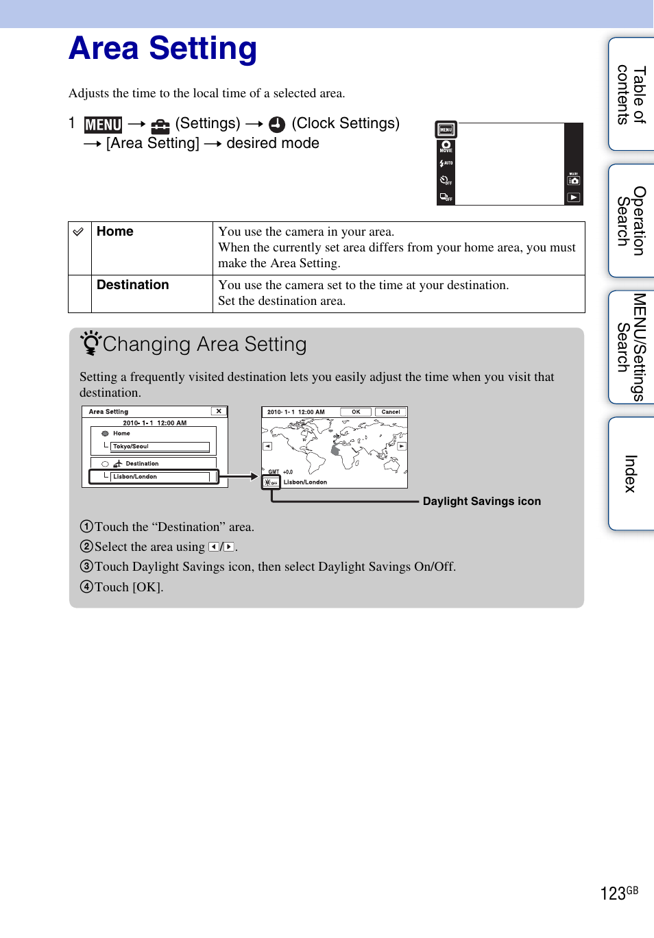 Area setting, Changing area setting | Sony DSC-TX7 User Manual | Page 123 / 168