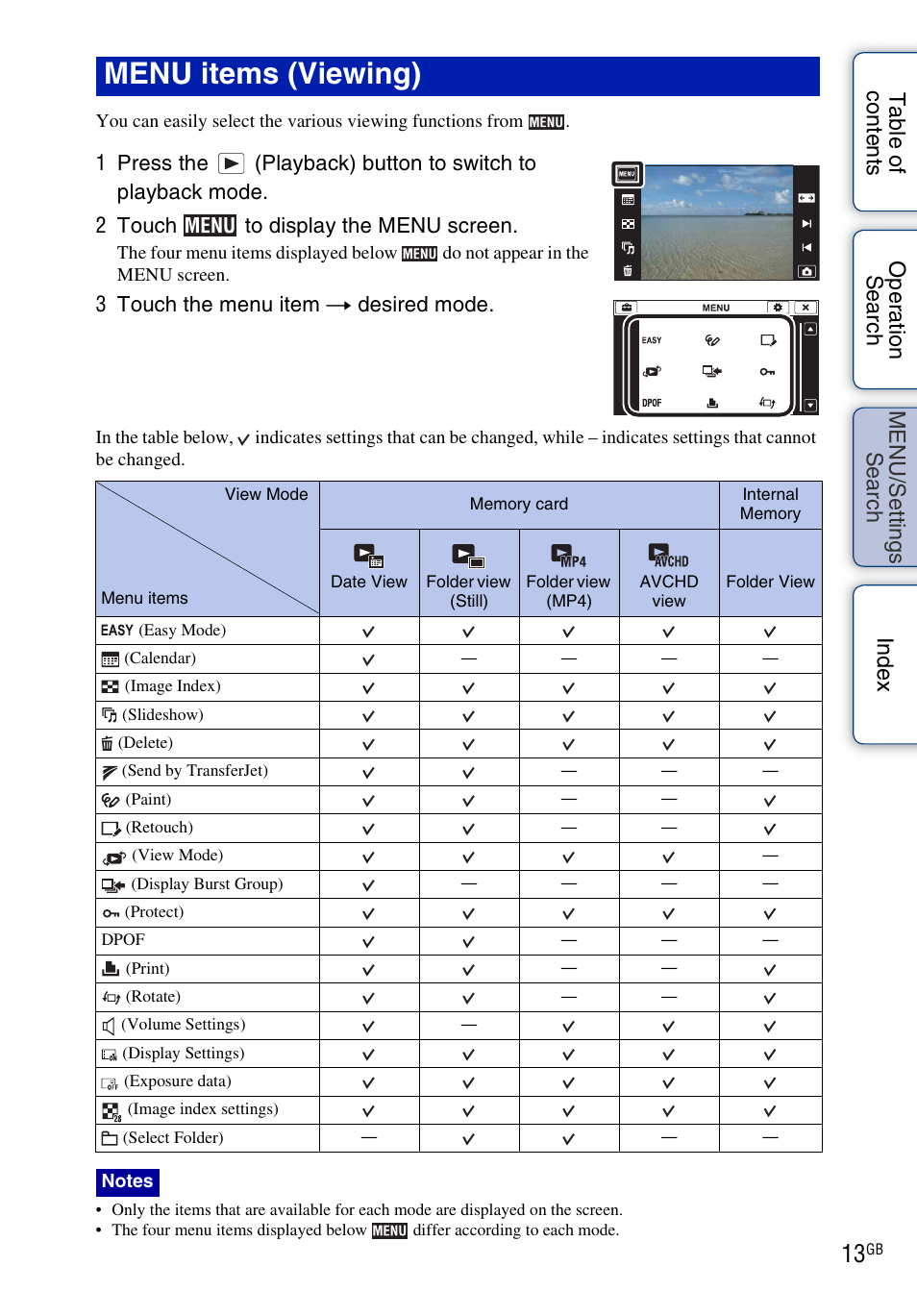 Menu items (viewing), 3 touch the menu item t desired mode | Sony DSC-TX7 User Manual | Page 13 / 168