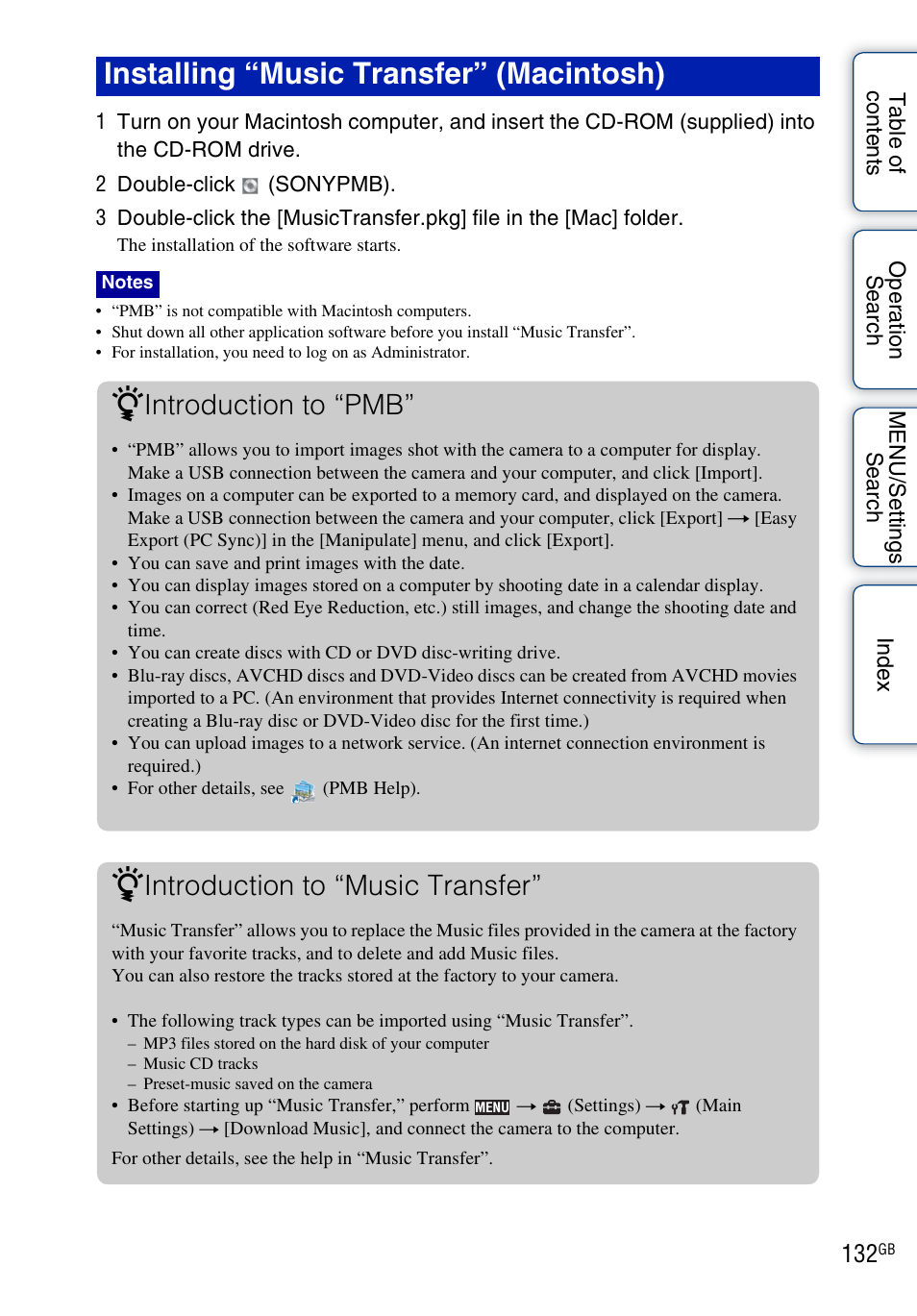 Installing “music transfer” (macintosh), Introduction to “pmb, Introduction to “music transfer | Sony DSC-TX7 User Manual | Page 132 / 168