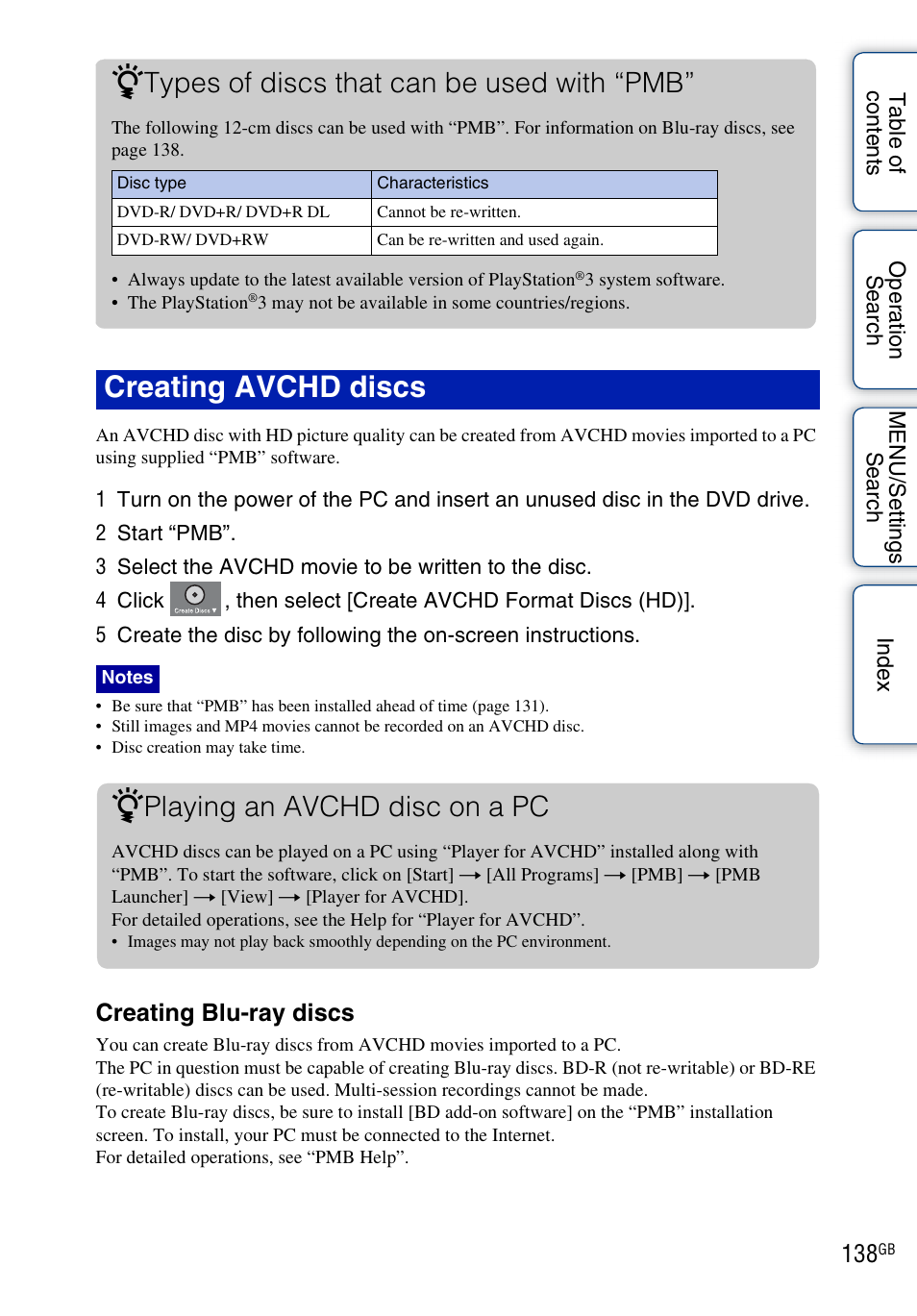 Creating avchd discs, Types of discs that can be used with “pmb, Playing an avchd disc on a pc | Creating blu-ray discs | Sony DSC-TX7 User Manual | Page 138 / 168