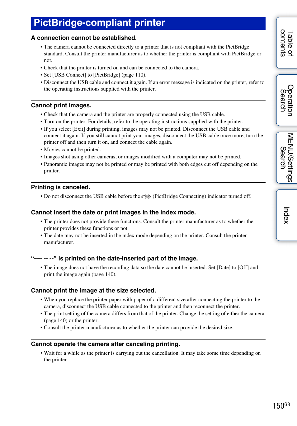 See “pictbridge-compliant printer, Pictbridge-compliant printer | Sony DSC-TX7 User Manual | Page 150 / 168