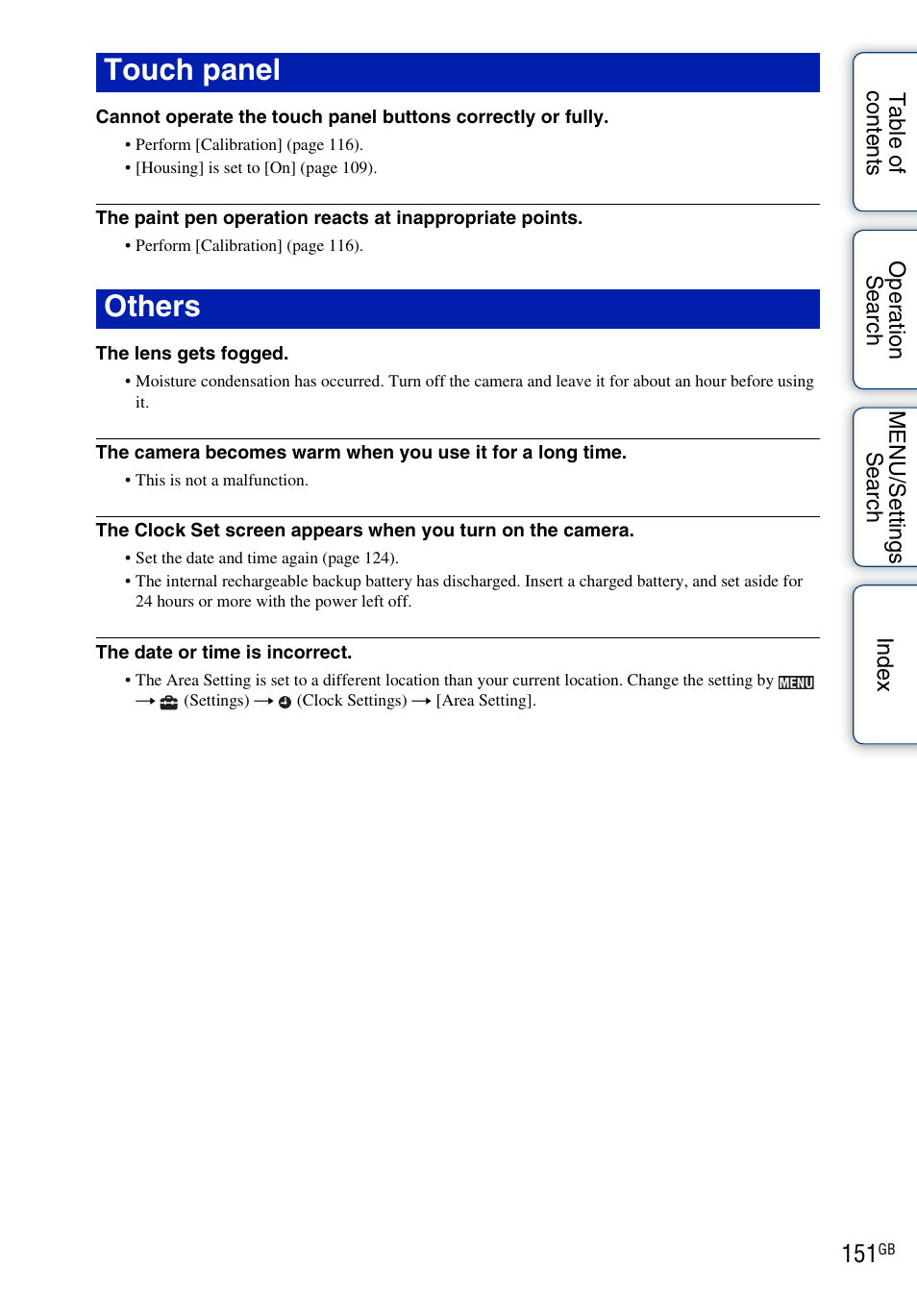 O 151, Touch panel others | Sony DSC-TX7 User Manual | Page 151 / 168