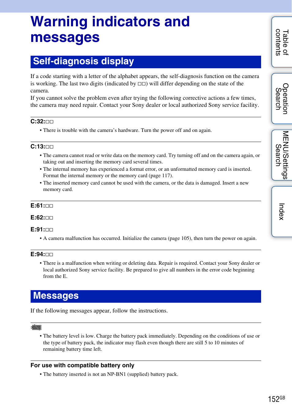 Warning indicators and messages, Self-diagnosis display messages | Sony DSC-TX7 User Manual | Page 152 / 168