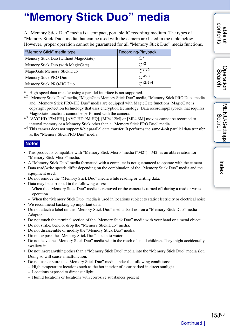 Memory stick duo” media | Sony DSC-TX7 User Manual | Page 158 / 168