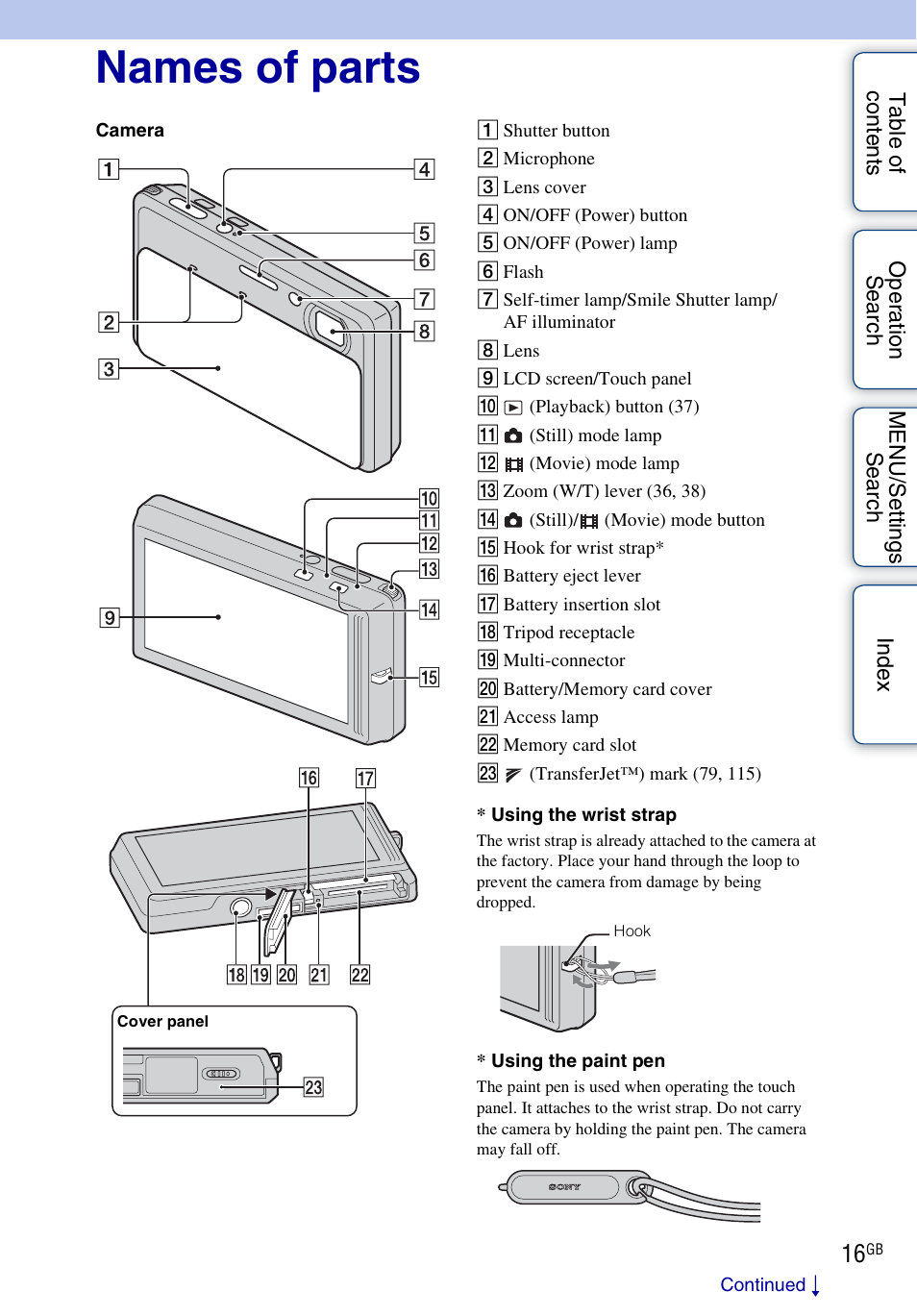 Names of parts | Sony DSC-TX7 User Manual | Page 16 / 168