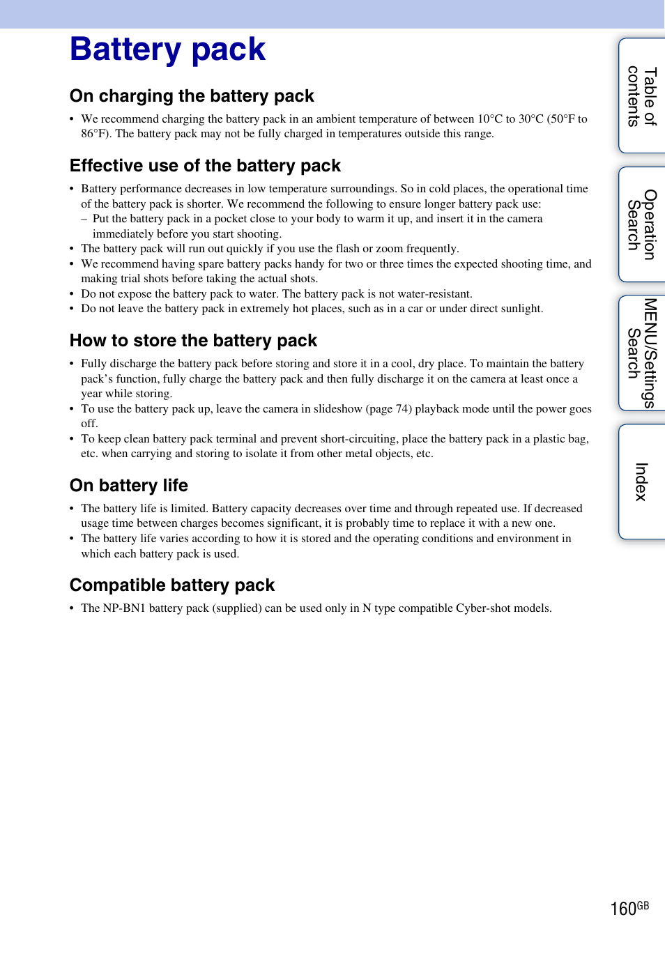 Battery pack, On charging the battery pack, Effective use of the battery pack | How to store the battery pack, On battery life, Compatible battery pack | Sony DSC-TX7 User Manual | Page 160 / 168