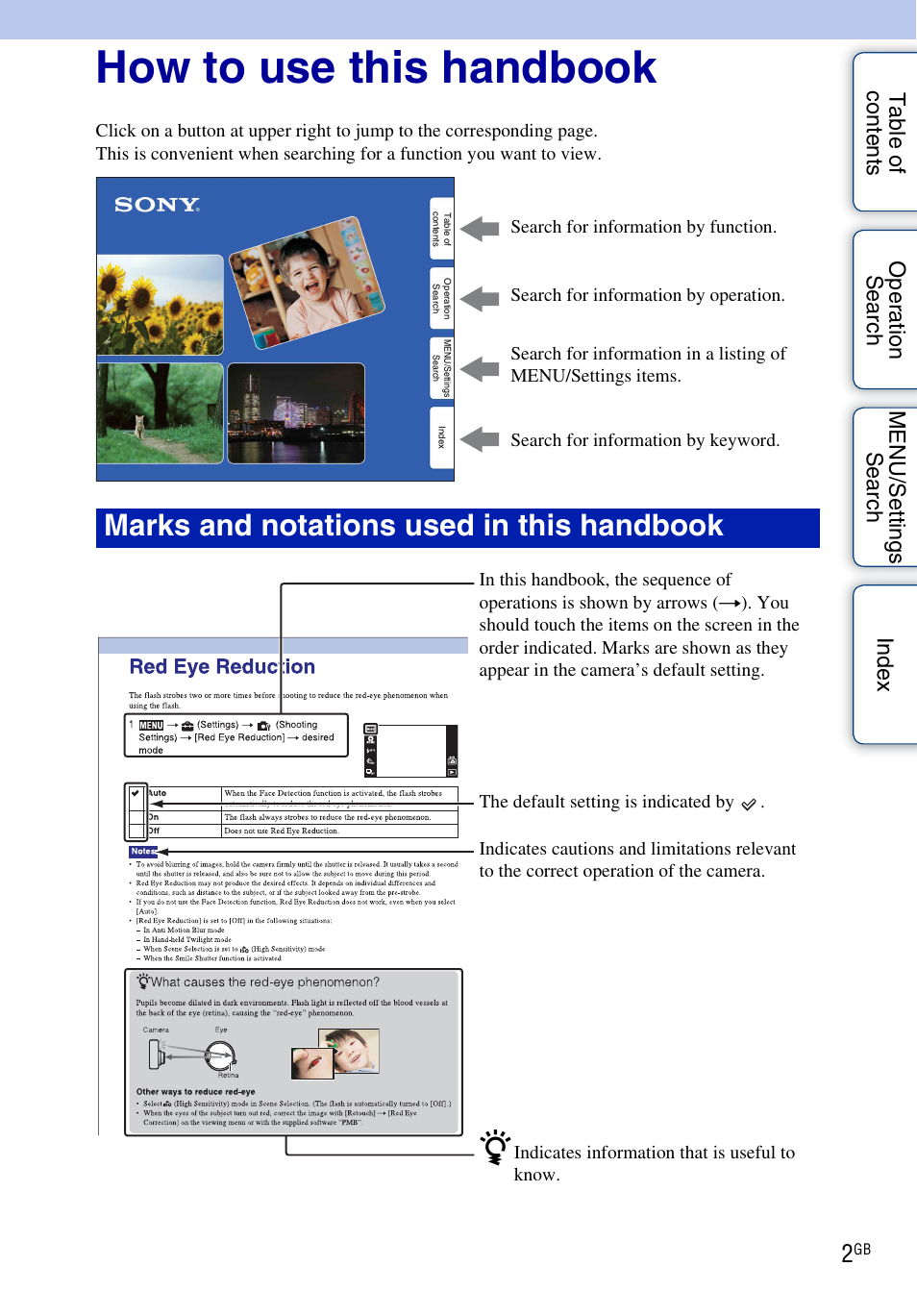 How to use this handbook, Marks and notations used in this handbook | Sony DSC-TX7 User Manual | Page 2 / 168