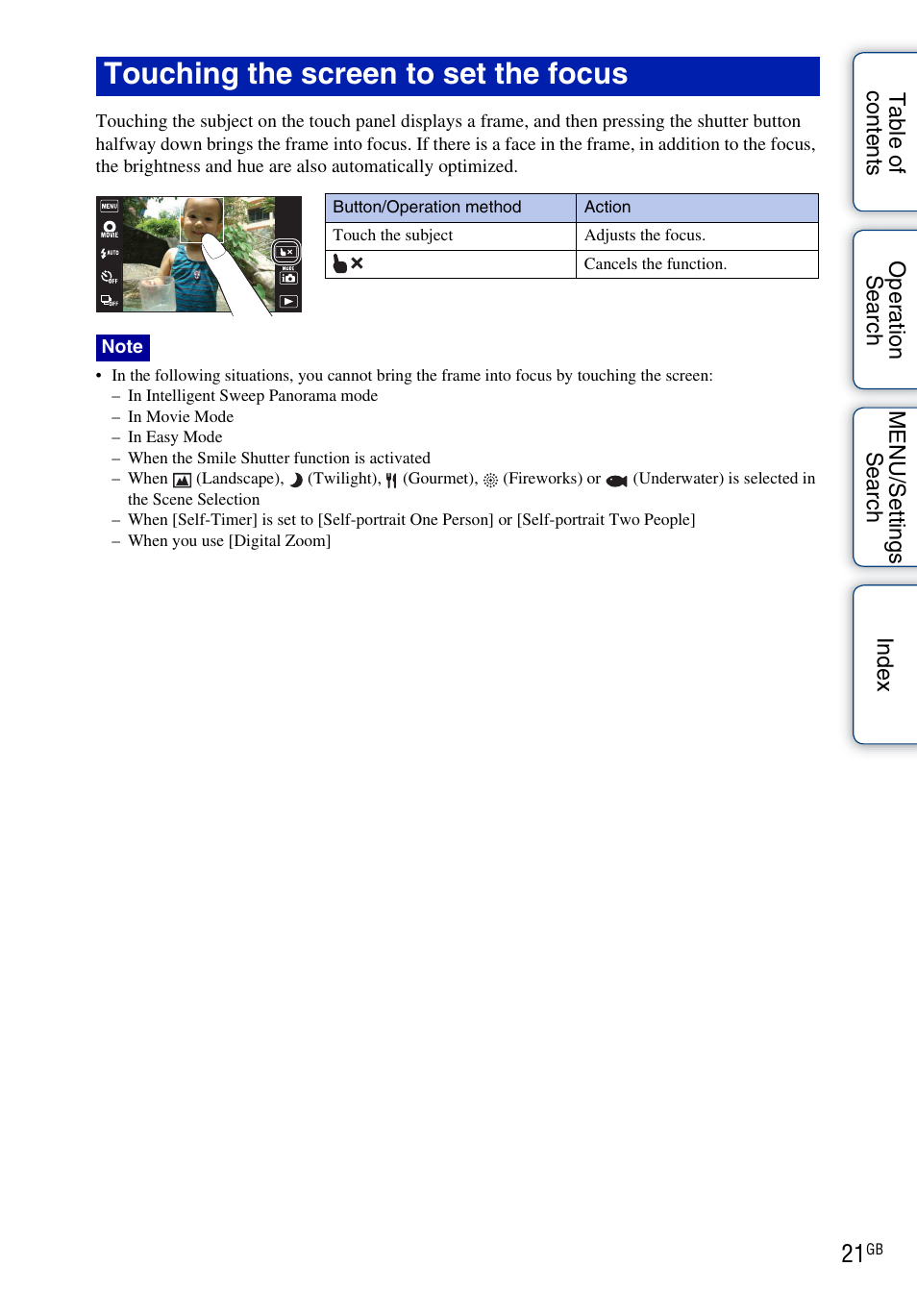 Touching the screen to set the focus | Sony DSC-TX7 User Manual | Page 21 / 168