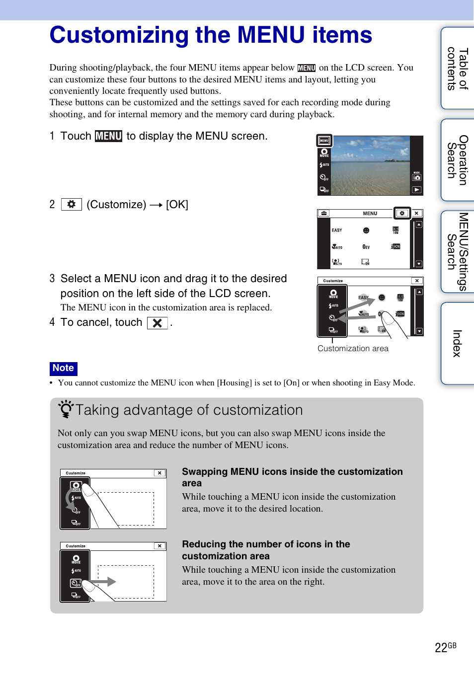 Customizing the menu items, Taking advantage of customization | Sony DSC-TX7 User Manual | Page 22 / 168