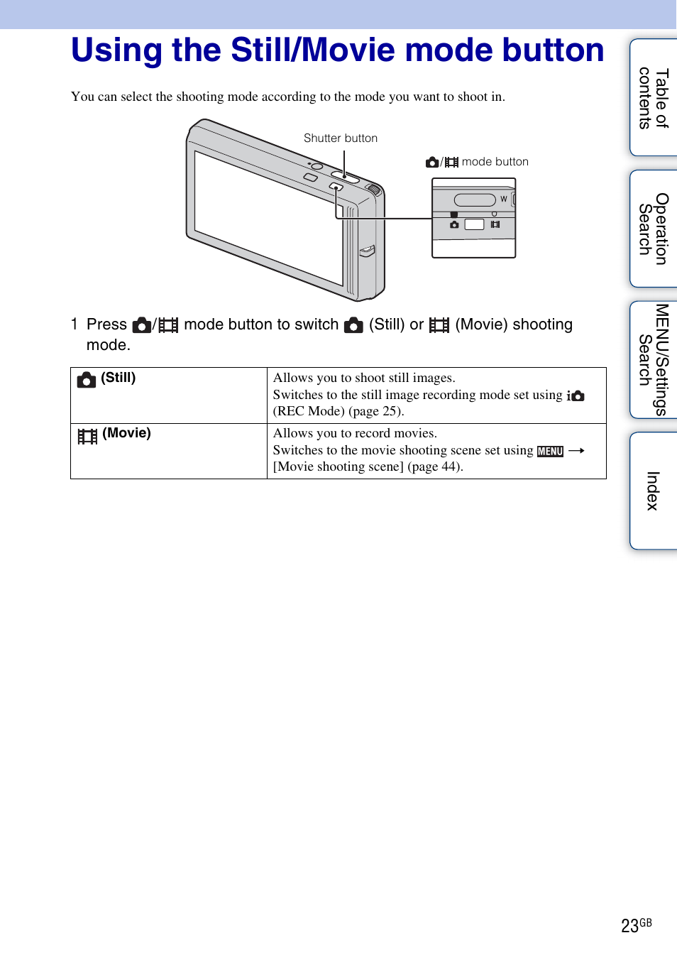 Using the still/movie mode button | Sony DSC-TX7 User Manual | Page 23 / 168