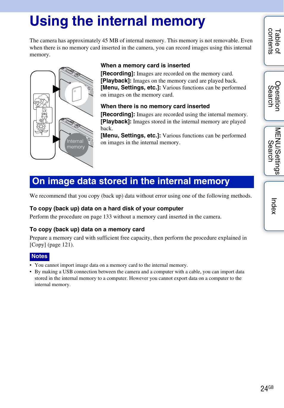 Using the internal memory | Sony DSC-TX7 User Manual | Page 24 / 168