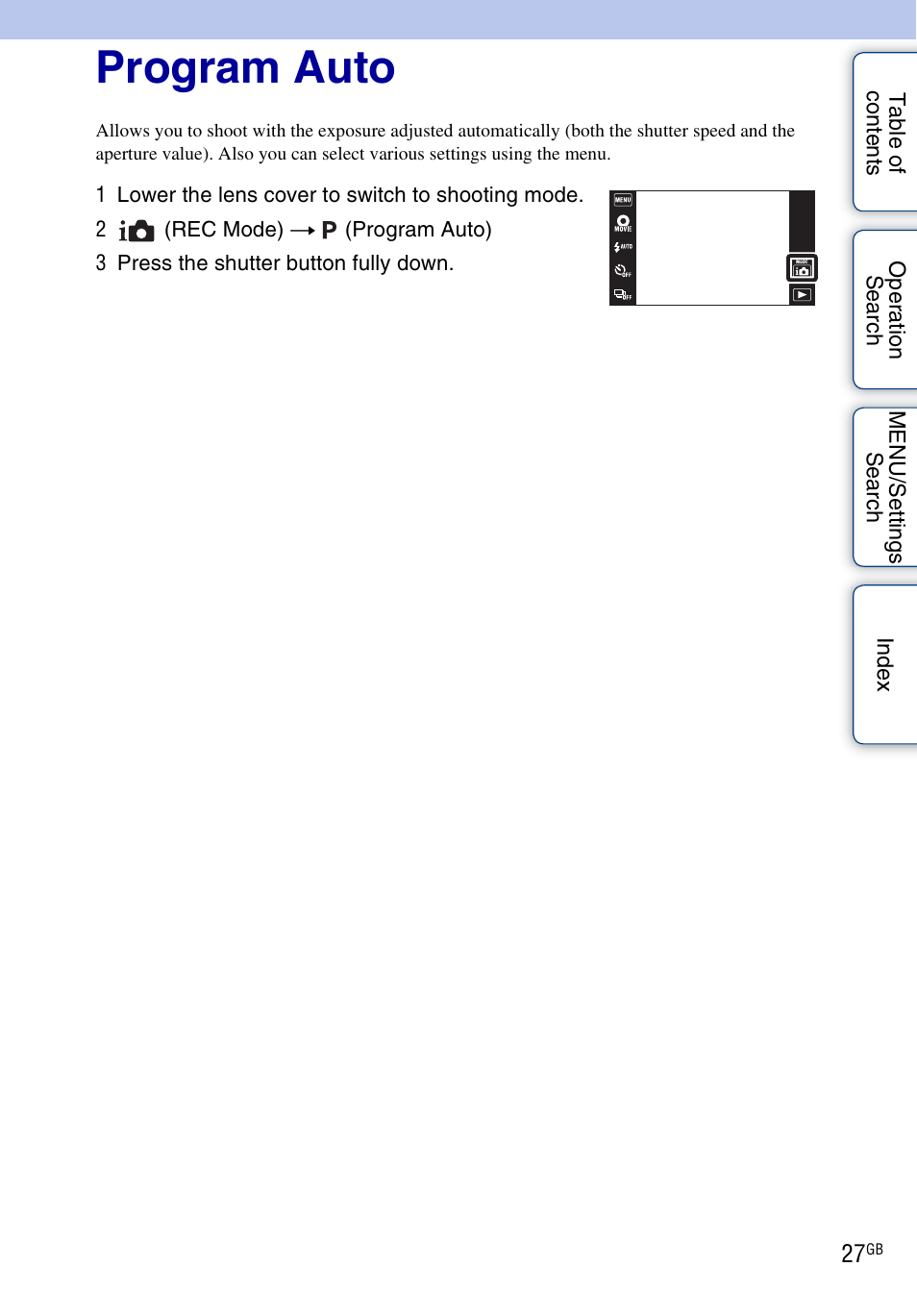 Program auto | Sony DSC-TX7 User Manual | Page 27 / 168