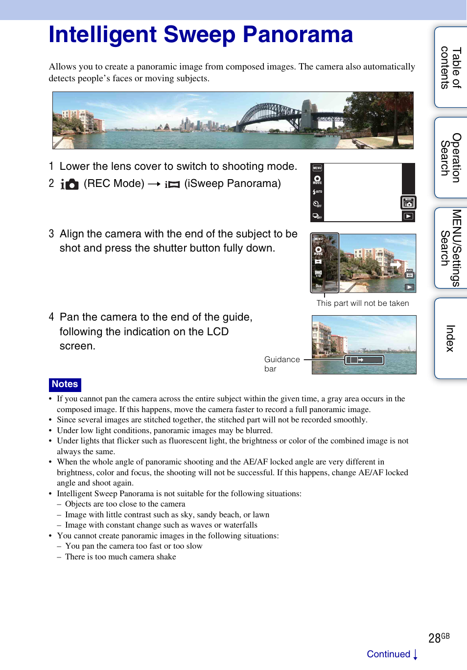 Intelligent sweep panorama | Sony DSC-TX7 User Manual | Page 28 / 168