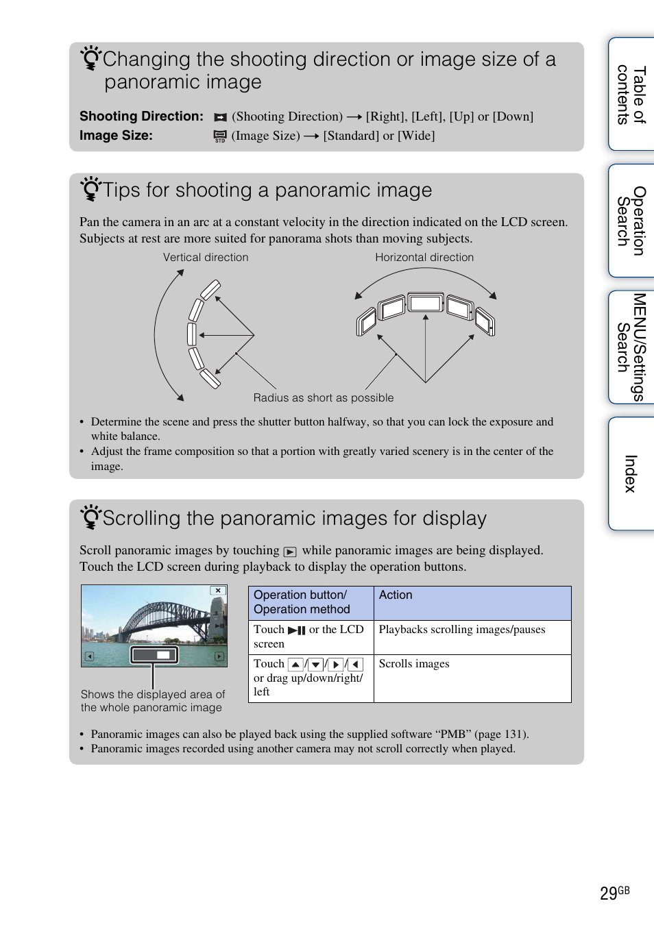 Tips for shooting a panoramic image, Scrolling the panoramic images for display | Sony DSC-TX7 User Manual | Page 29 / 168