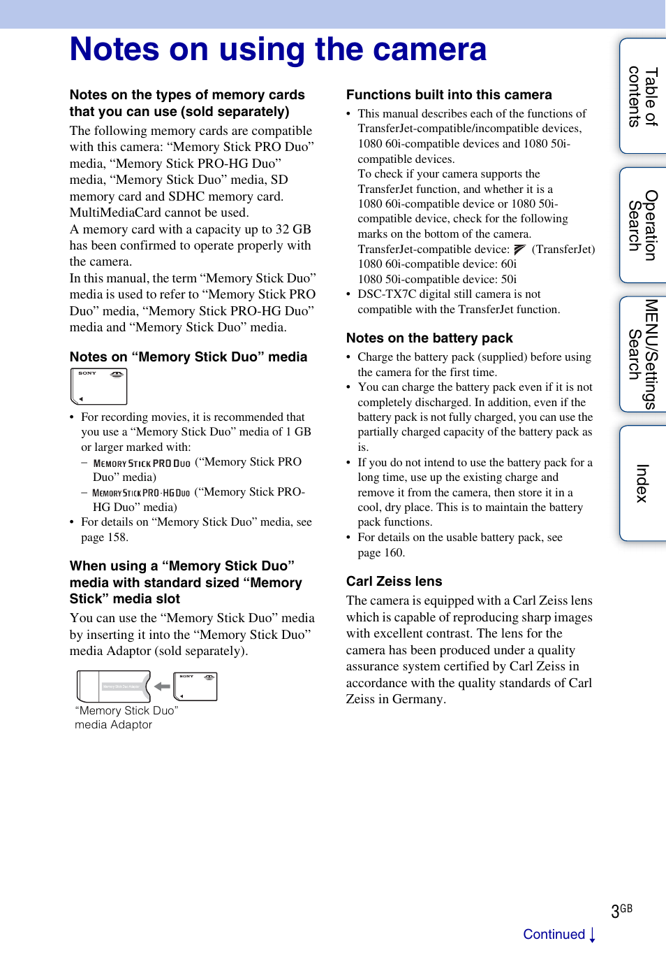 Notes on using the camera | Sony DSC-TX7 User Manual | Page 3 / 168