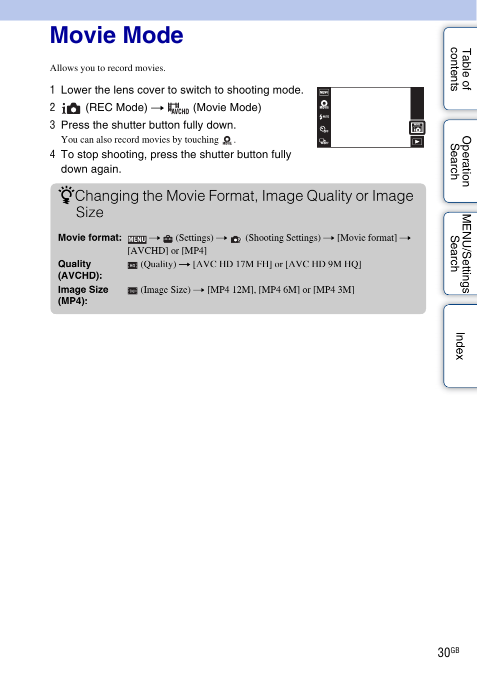 Movie mode | Sony DSC-TX7 User Manual | Page 30 / 168