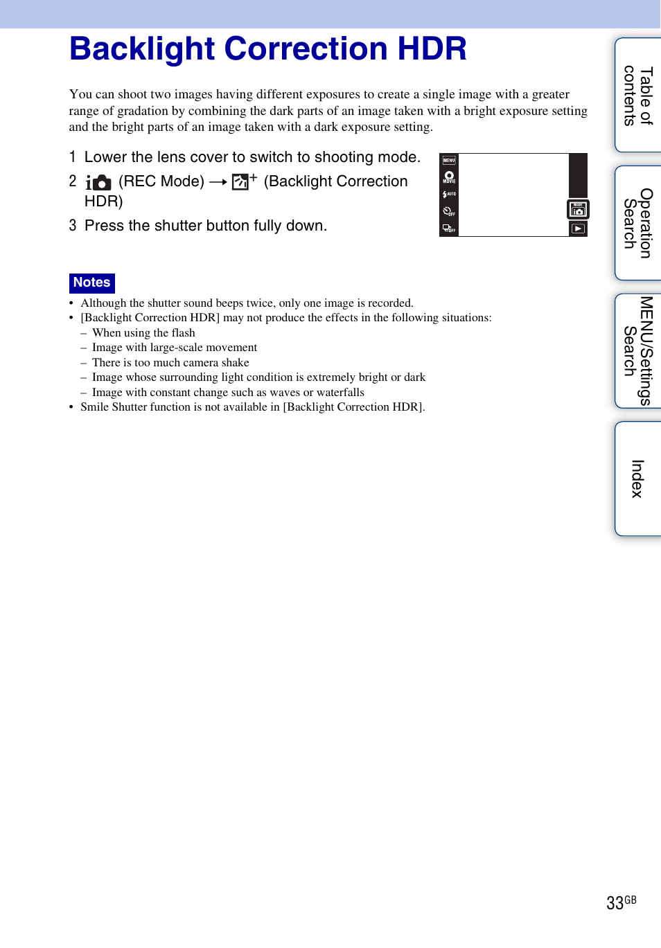 Backlight correction hdr | Sony DSC-TX7 User Manual | Page 33 / 168